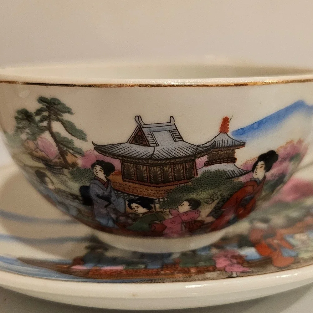 Vintage Japanese Lithophane Porcelain Tea Cup Saucer Set 4 Geisha Pagoda Gold